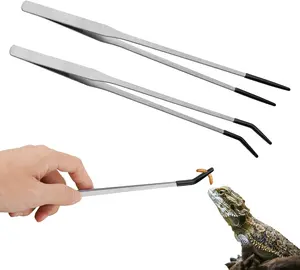 2PCS Stainless Steel Reptile Feeding Tongs with Rubber Tip, 10.6” Straight & Curved Long Tweezers for Aquarium or Craft, Bearded Dragon Tank Snakes Enclosure Accessories, Terrarium Supplies