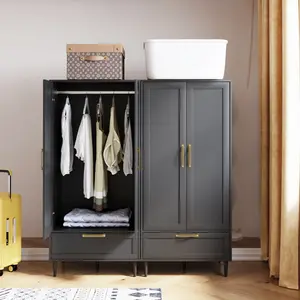 Metal Armoire Wardrobe Closet with 2 Doors 59'' Wardrobe Cabinet with Drawers and Hanging Rail Metal Closet Wooden Wardrobe Cabinet for Bedroom