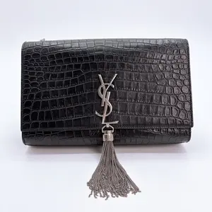 Pre-owned Yves Saint Laurent leather Crossbody Bags Calfskin Crocodile Embossed Medium Classic Monogram Kate Tassel Satchel Black
