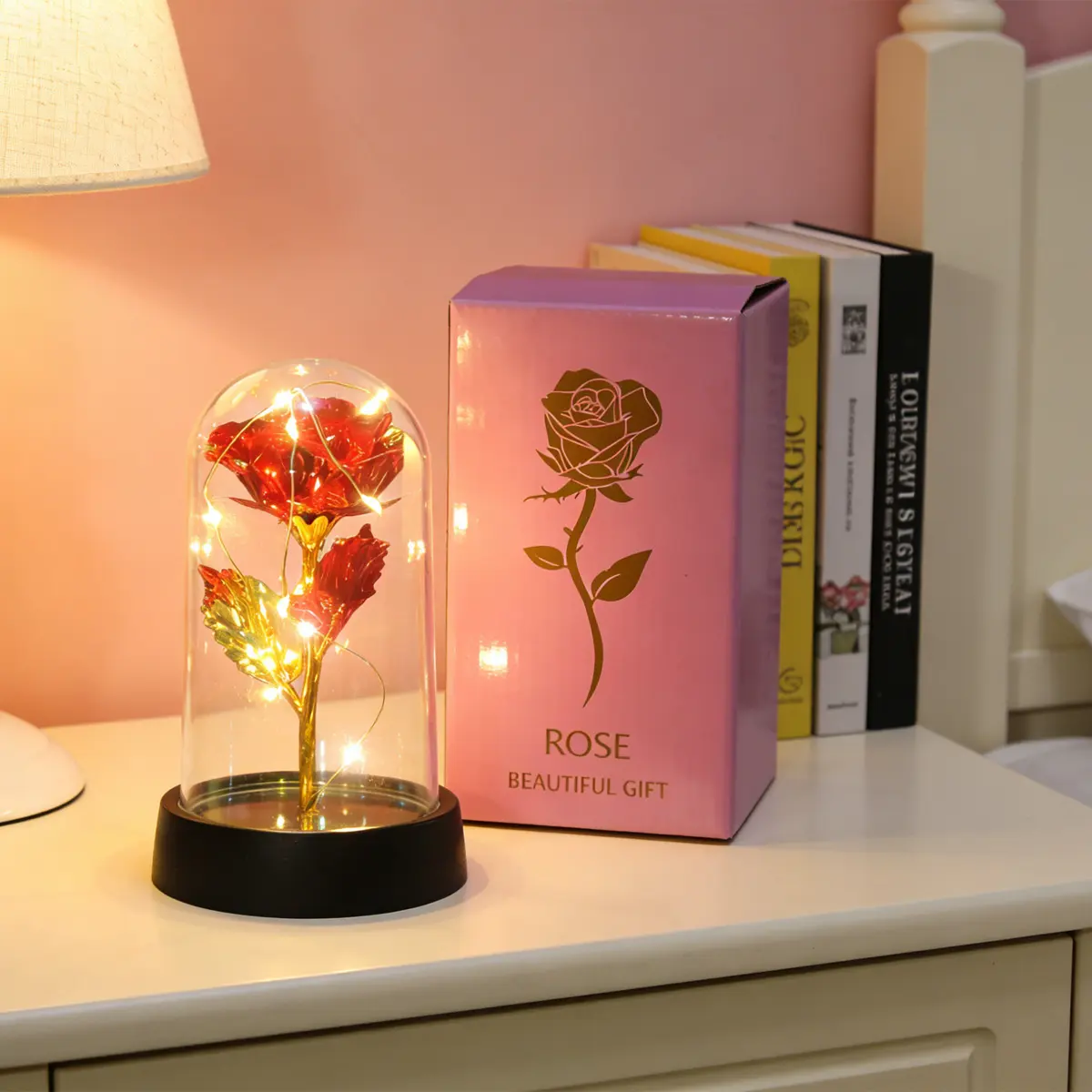 LED-Illuminated Eternal Rose Bouquet,Romantic Eternal Rose Flower in Glass Dome , Gift or Home Decor