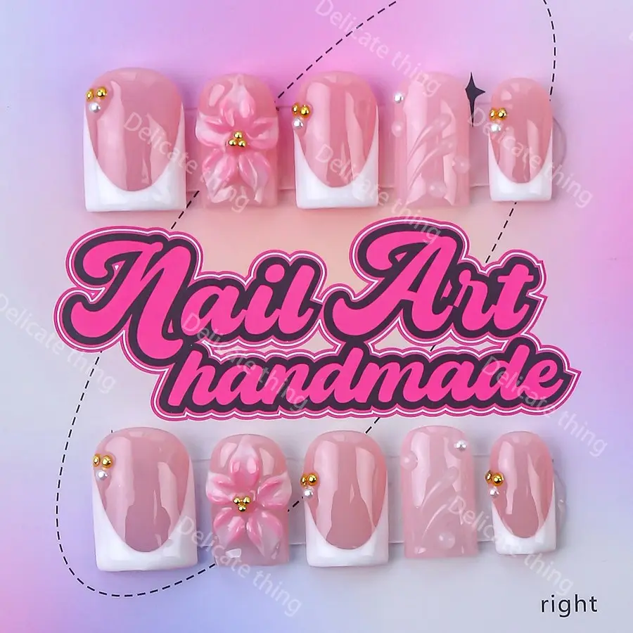 Delicatething Y2K Style Nail Set, Handmade Square Duckbill Nails, 4 Sizes XS S M L, Perfect Gift for Girls, Includes Jelly Glue Crystal Stick, Handmade Press Ons