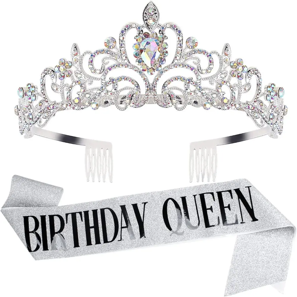 2PCS SET Birthday Queen Tiaras Crown for Women, Girls Princess Crowns for Women, Queen Tiara for Mom, Silver Birth Crown Headband Birth Sash, 30th 40th 50th Birthday Prom Party Decorations for Mother summerwins