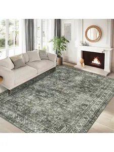 Brown green-9*12 feet  Vintage Machine Washable Area Rug For Living Room Non Slip Non Shedding Distressed Floral Print Neutral Carpet Low Pile Stain Resistant Indoor Foldable Floor Cover For Living Room Bedroom Kitchen Playroom Under Table