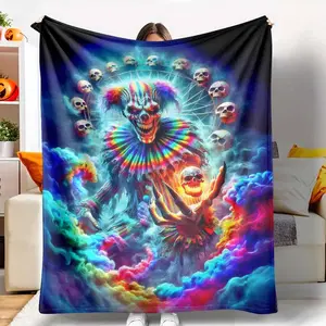 Psychedelic Clown Flannel Blanket,Skull Ferris Wheel Art Print,Soft Cozy Warm Lightweight Anti Pilling,Perfect for Halloween Carnival Themed Parties,Horror Movie Nights Gothic Home Decor,Unique Gift for Horror Fans Travel Camping