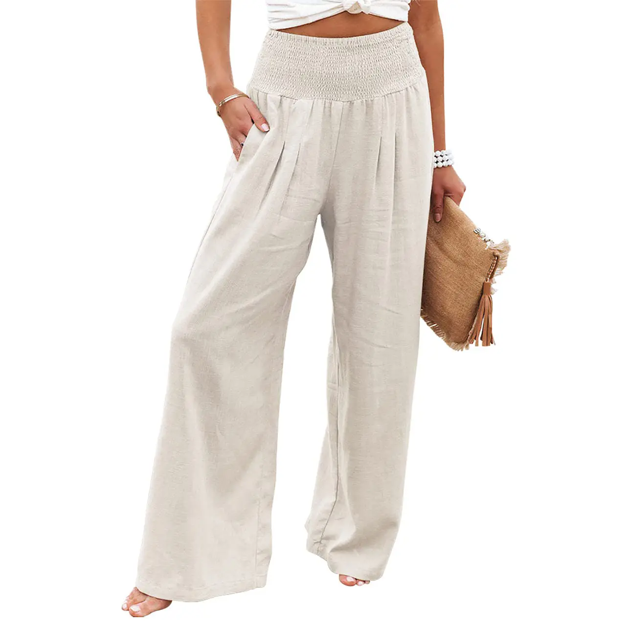 CHOUYATOU Women's Chic Cotton Linen High Waisted Palazzo Pants with Pockets, Casual Trousers for Work Fashion, Piece, Baggy, Straight, High Waisted Pants, Basic