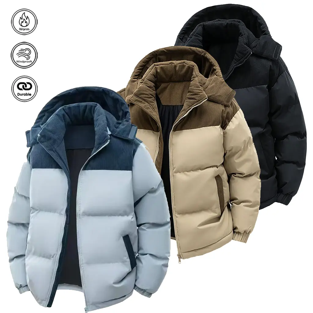 Men’s color-block puffer jacket with detachable hood, corduroy-paneled thickened winter coat, loose warm outerwear Menswear Overall