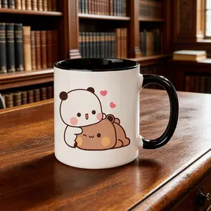 Bubu Dudu Love 11oz Ceramic Coffee Mug - Insulated Reusable Travel Mug with Cute Panda & Bear Hug Design, Black & White, Hand-Wash Only, Perfect Gift for Coffee Lovers Men & Women, Coffee Travel
