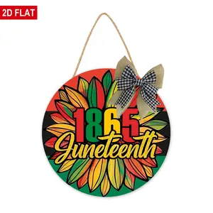 Juneteenth Sunflower Round Wooden Door Sign, African American Independence Day Wall Decor, 19th June 1865 Black History Month Freedom Day Door Hanger for Party Front Door Home, 12 inch Hanging sign