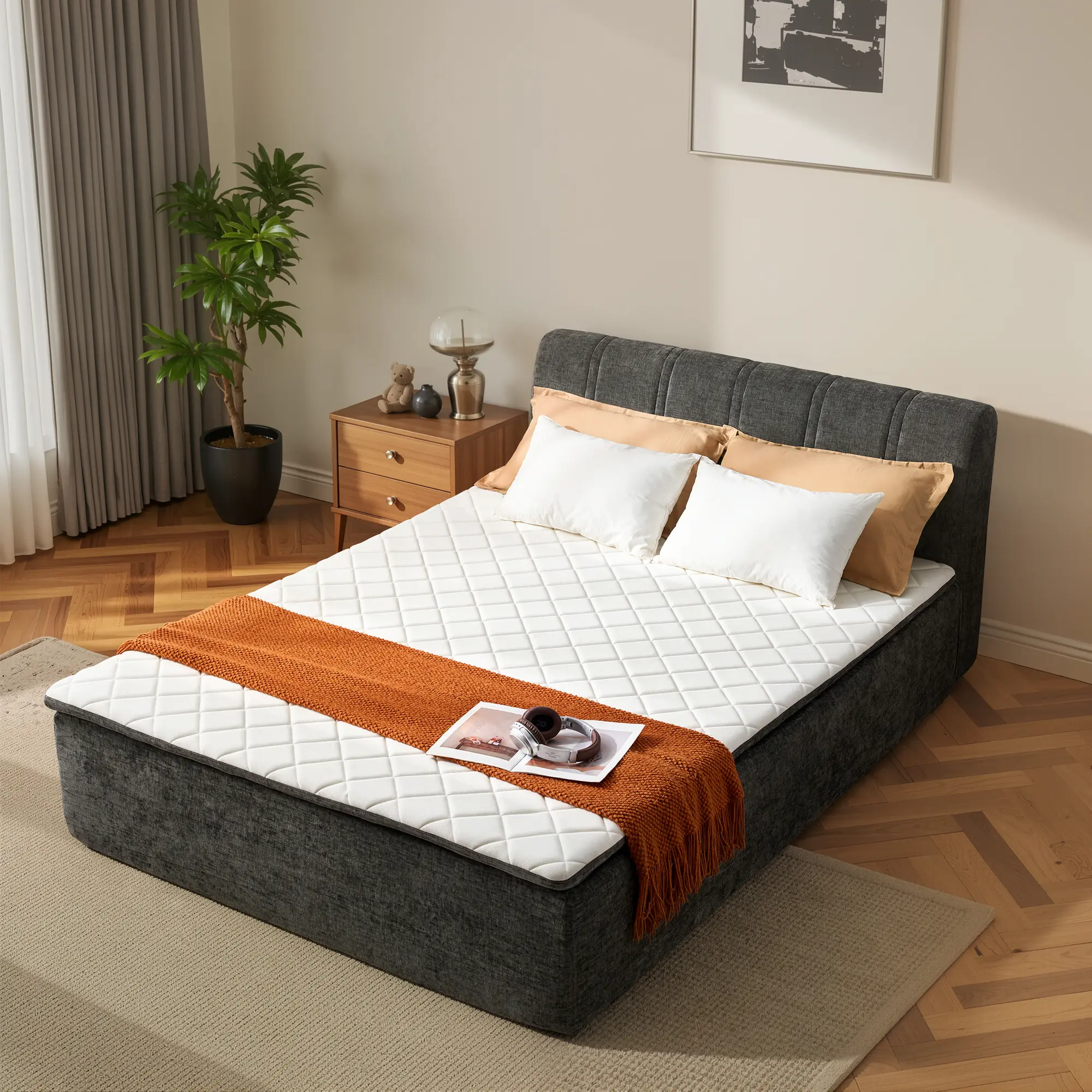CAODOC 2-in-1 Boneless Bed for Bedroom Apartment, Chenille Fabric Upgrade, 16 Inch Hybrid Mattress with Memory Foam & Pocket Springs, No Bed Frame Needed, Soft Supportive Floor Bed for Sleep, Lounge, Guest Use, Queen Full Twin Size