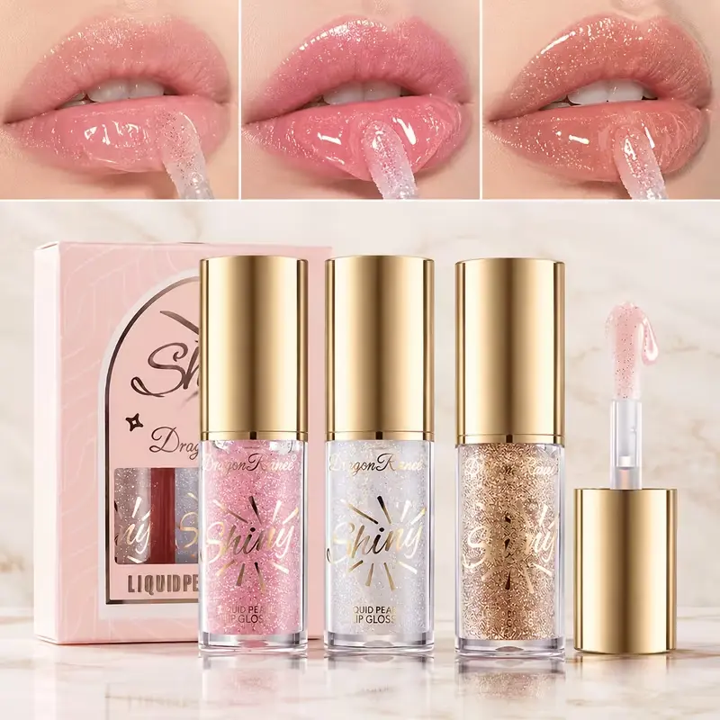 3piece Shining Lip Glossy Set Cosmetic Lipstick With Large Brush Head Pearlescent Oil Glaze Sequins Moisturizing Fine Lip Tint Glitter Primer Makeup