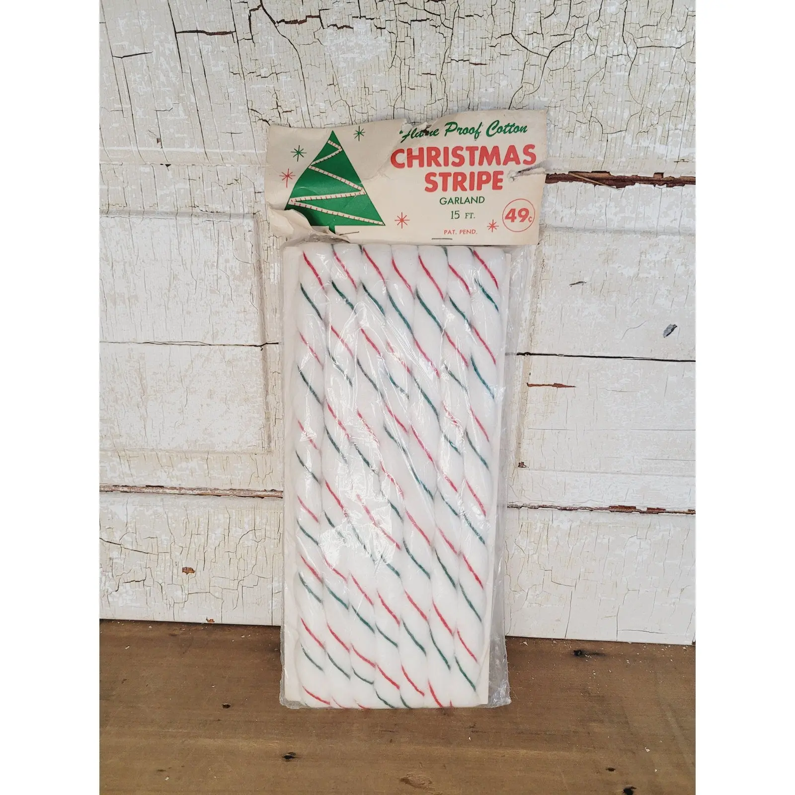 Vintage 1950s Christmas Garland Flame Proof Cotton Candy Cane Stripe 15 Ft