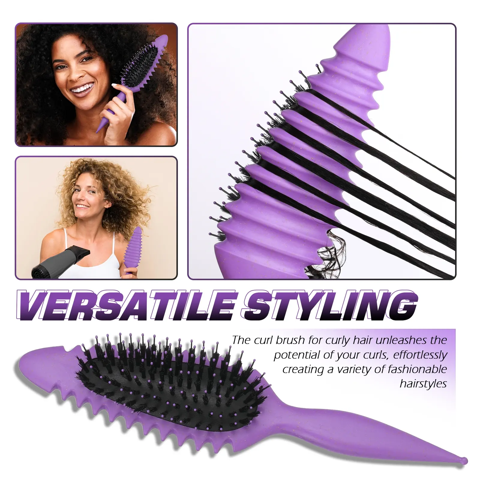 Flexible Curl Brush, Curl Defining Brush for Curly & Coily Hair, Smooth Detangling Without Breakage, Side Teeth for Better Curl Separation, Portable On-The-Go Styling, Curling Brush, Detangling Hairbrush