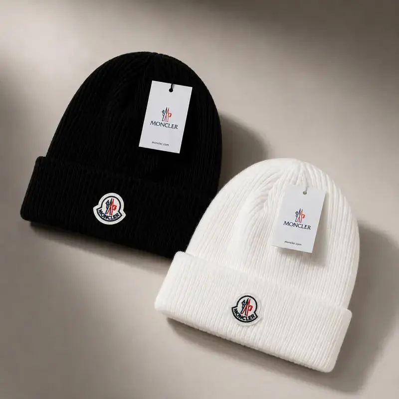 Moncler Knit Beanie Black White Unisex Winter Hat Ribbed Cuffed Wool Beanie Warm Skull Cap Luxury Designer Knit Cap Soft Stretch Cold Weather Streetwear Outdoor Ski Snow Fashion Men Women Gift