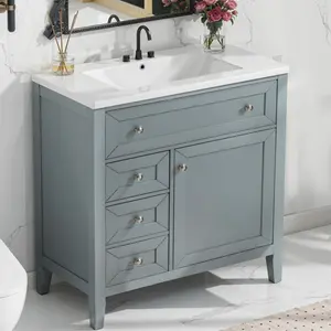 Solid Wood Bathroom Vanity with Ceramic Undermount Sink - 12" Soft-Close Drawer Slides, Flip Bin + Single Drawer + Storage Drawer, Adjustable Shelf, 70kg Load Capacity, Gray