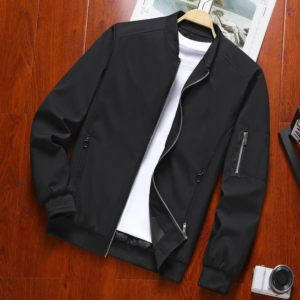 Men's Fitted Bomber Jacket - Lightweight Plain Long Sleeve Windbreaker Top, Stylish Casual Streetwear Coat for Men's Fashion, Tops, Fitted Cut, Front Zip