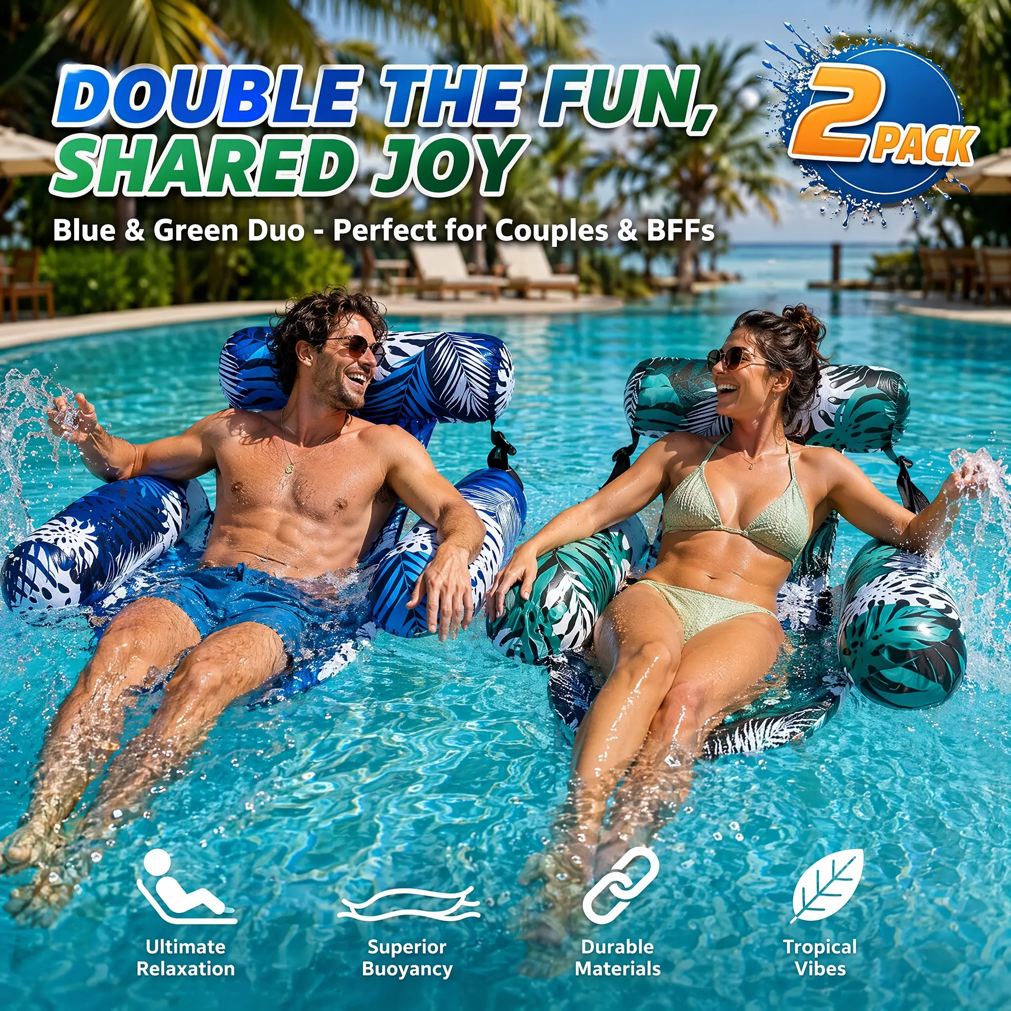 2-Pack Inflatable Pool Hammock Lounger, Floating Chair with Ergonomic Backrest, Adult Water Float Seat for Pool Lake Beach, Lightweight Foldable Lounge for Summer Hangouts & All Day Water Comfort, Pool Floats, Floats For Pool