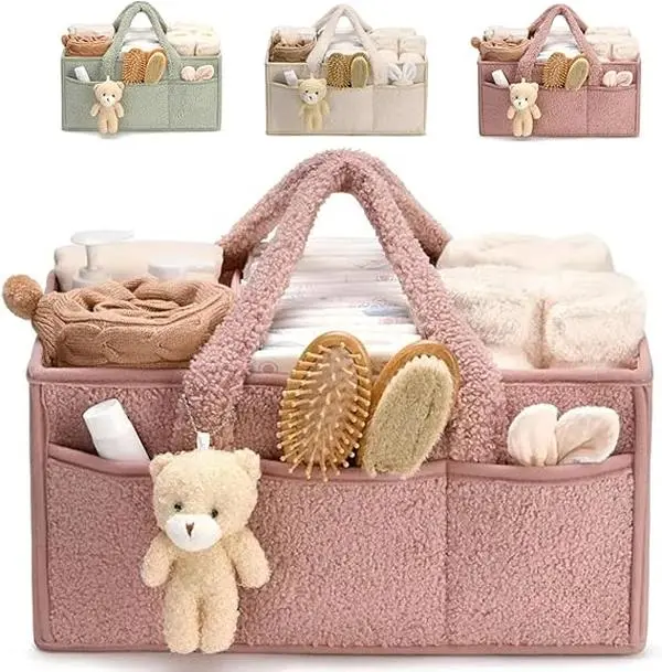 Multi-Purpose Portable Baby Diaper Caddy Organizer with Handle, Nursery & Car Storage Bin for Diapers Wipes, Newborn Baby Essentials, Ideal Gender Neutral Baby Shower Registry Gift