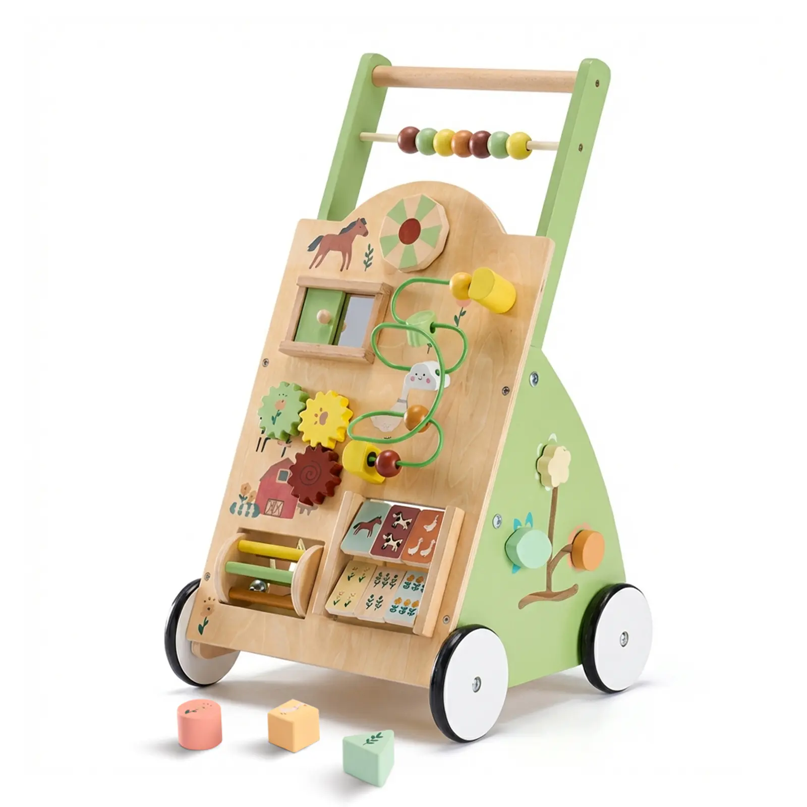 Wooden Baby Push Walker, Montessori Activity Toys with Adjustable Speed for 1 Year Old, Silent Rubber Wheels