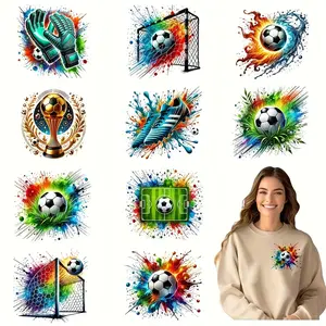 12-Piece Football Theme DTF Transfer Stickers, Washable Heat Transfer Design for T-Shirts Masks Jeans Backpacks, Vibrant Watercolor Illustrations