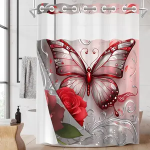 1PC/4PCS 2D Flat Printing Happy Spring Pink Silver Butterfly Red Rose Patterned shower curtain, home bathroom decor, bathroom accessory, shower curtain set with 12 hooks, non-slip bathroom rug, U-shaped toilet seat cover, toilet seat mat.