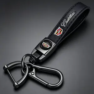 Genuine Leather Car Keychain Fit for Cadillac Escalade CT4 CT5 CT6 ATS CTS SRX XT5, Wristlet Key Ring Anti-Lost Key Fob Holder, Luxury Auto Key Accessories for Men Women, Family Holiday Birthday Gift Black Car Keychain Set