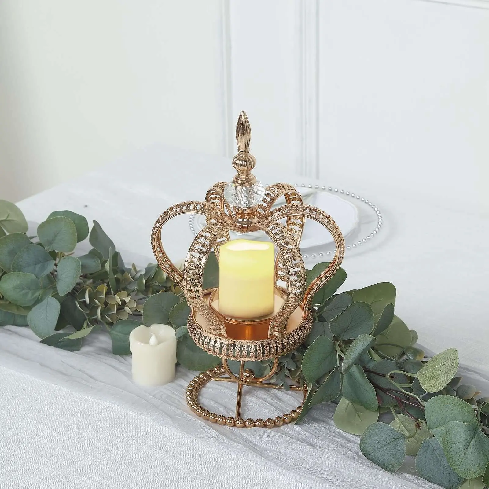Gold Jeweled Crown Metal Spiral Pillar Candle Holder Stand, 13" Home Decor Pillar Holder for Housewarming, Gold House Decor Centerpiece, Table Centerpiece