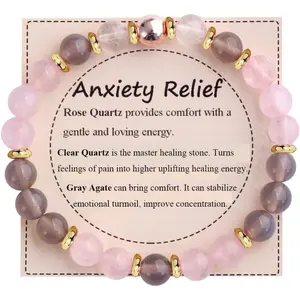 Natural Gemstone Bead Bracelet for Women Elastic Crystal Stretch Bracelet with Meaning Card Boho Stackable Jewelry Gift for Mother's Day Birthday