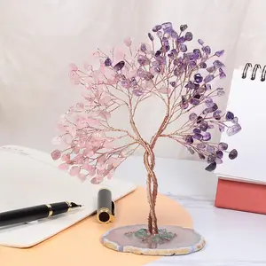 MollyGems Natural Rose Quartz & Amethyst Crystal Tree with Agate Slice Base Bonsai Money Tree of Life Handmade Home Office Decor Christmas Gift Idea Home Ornament