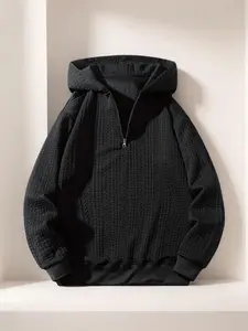Men's Oversized Long Sleeve Pullover Casual Zip-Up Hooded Sweatshirt - Menswear Tops, Spring/Autumn Plain Polyester Fiber Blend Fabric Hoodie