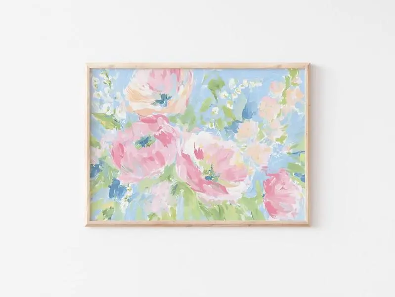 Pastel Pink Peony Painting Poster, Preppy Dorm Decor, Colorful Grandmillennial Abstract Wall Art, Southern Wall Decor, Botanical