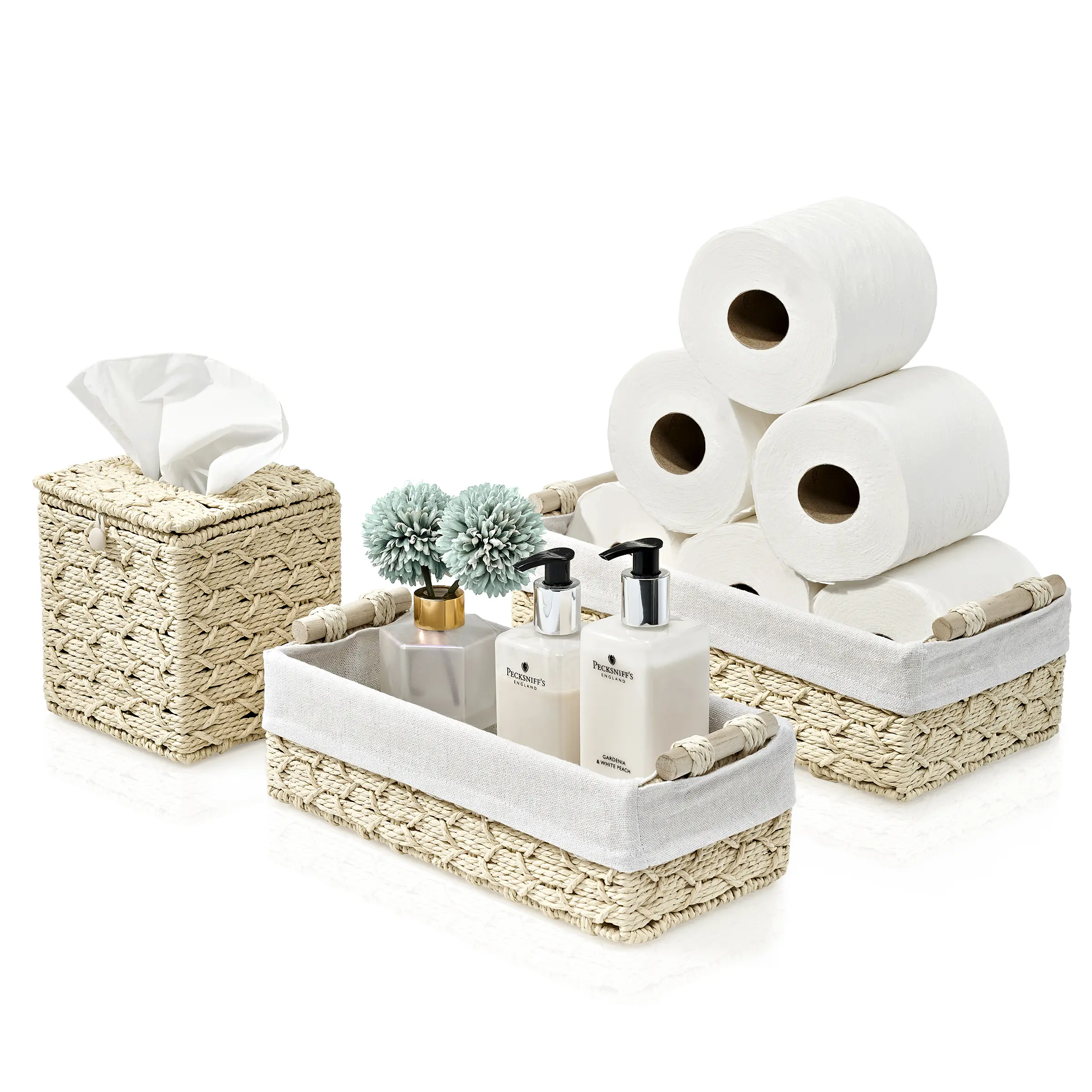 Sorbus Paper Rope Bathroom Baskets & Tissue Holder Set - Classic Durable Home Supplies, Wood-Lined Linen Storage Organizers, Lightweight Smooth Handcrafted Beige Wicker Baskets for Bathroom Shelves, Beauty & Jewelry Storage
