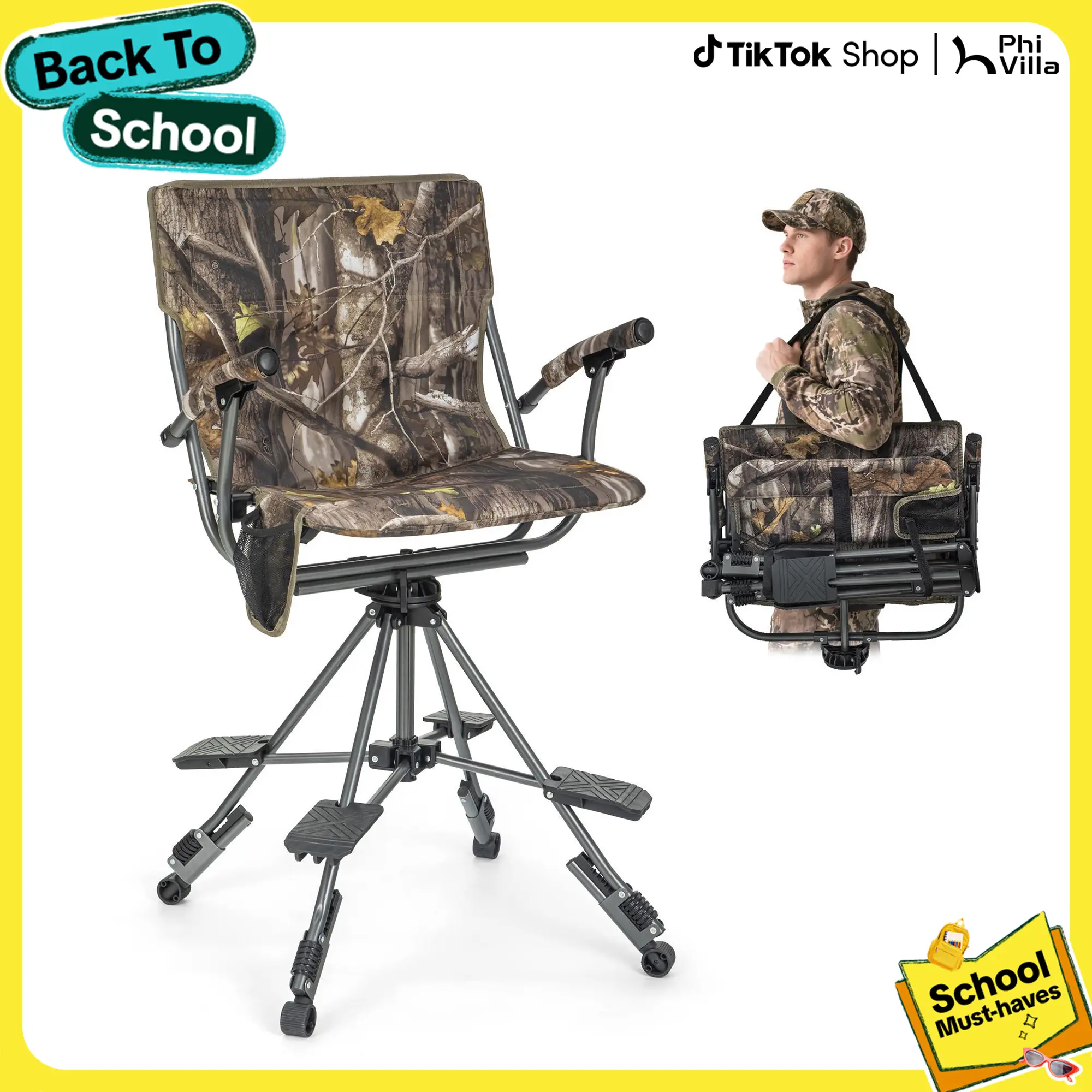 PHIVILLA Folding Hunting Chair for Blinds 360 Degree Silent Swivel, 330LBS Capacity Portable Padded Cushion Hunting Seat with Armrest, 4 Legs Adjustable Height, Shoulder Strap, Cup Holder-CAMO