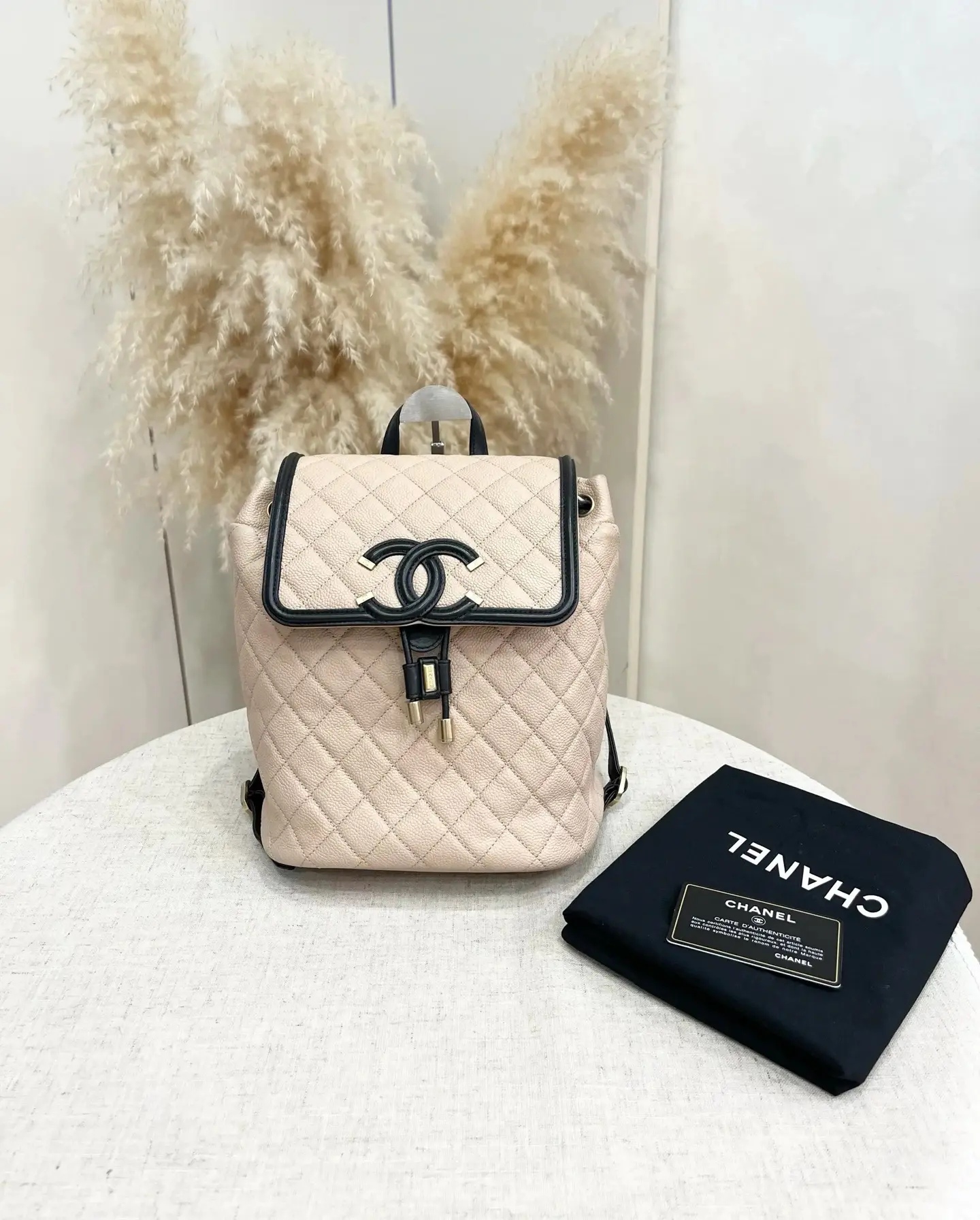 Pre-owned CHANEL Backpack Beige Caviar Black Trim,XJ151