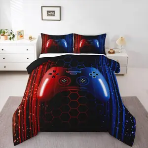 Boys Game Console Comforter Set,Red and Blue Gamer Gaming Bedding Set ,Ombre Gradient Glowing Stripes Honeycomb Comforter Microfiber Blanket