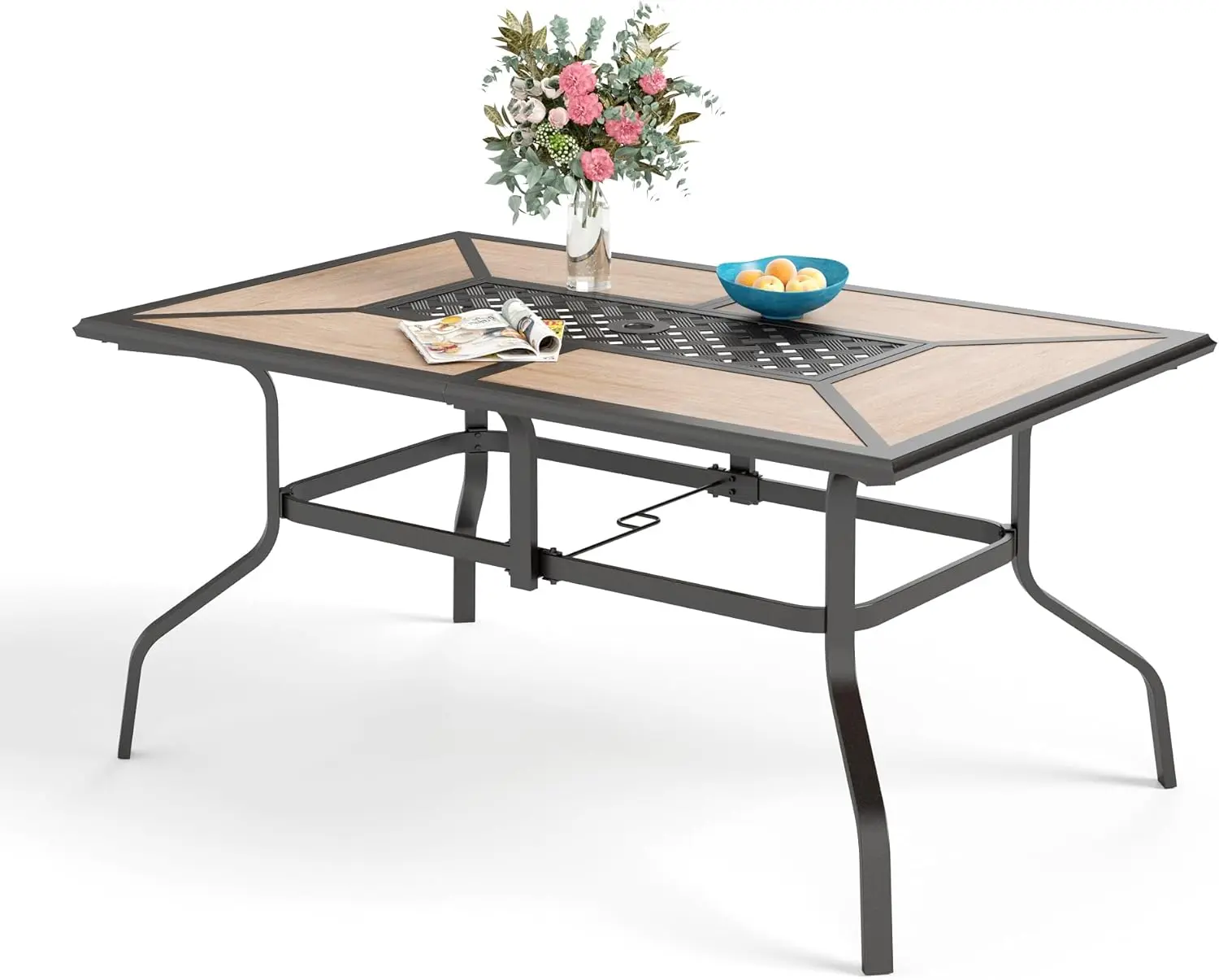 PHIVILLA Rectangular Outdoor Dining Table with 1.6"-2" Adjustable Umbrella Hole, 6 Person Patio Table for Outdoor, Rectangle Patio Table with Faux Wood Tabletop and Metal Steel Frame