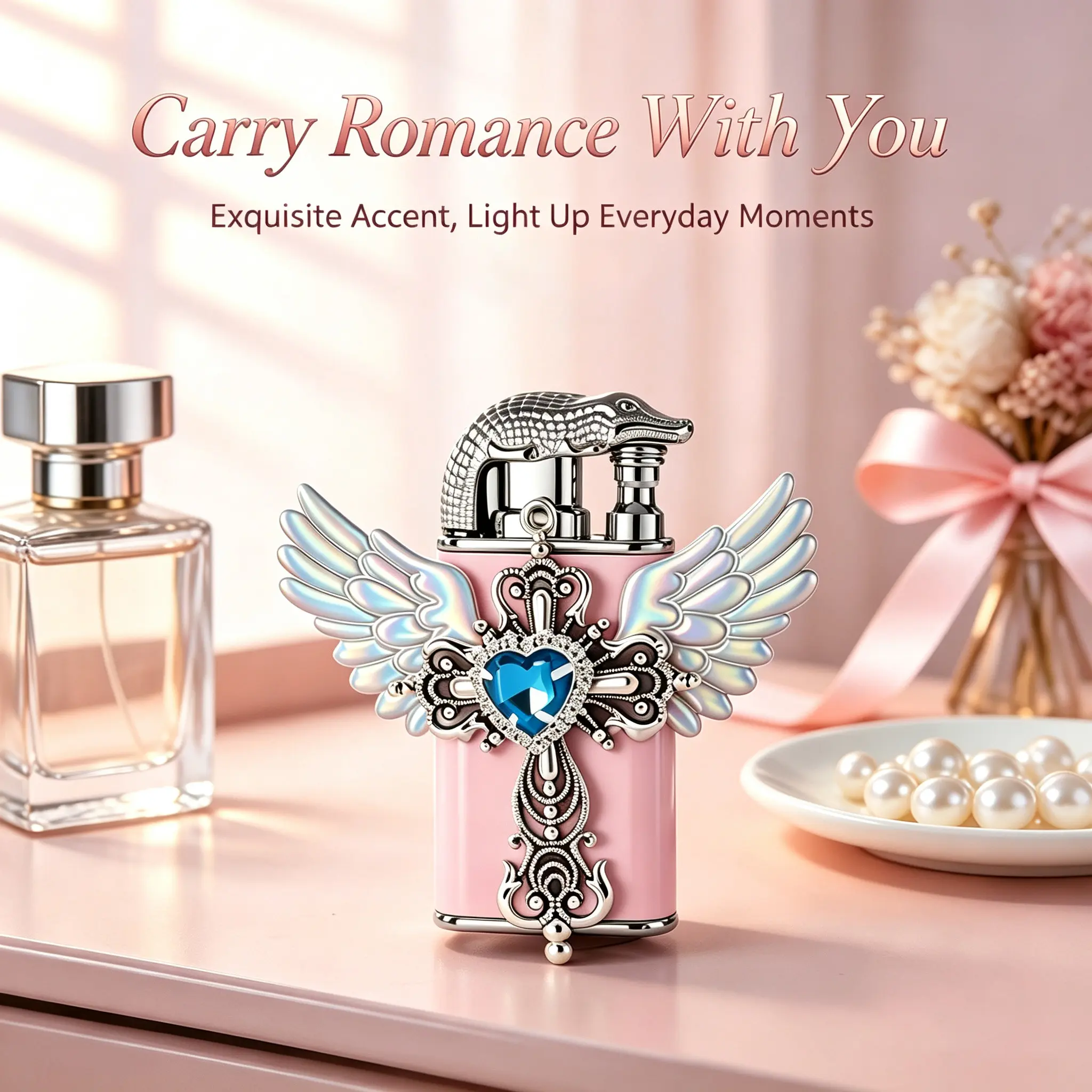 Crocodile Dual-Flame Lighter for Women, Propane-Free Kitchen Igniter Decorated with Colorful Wings & Heart Gem Cross, Ideal Gift for Girlfriend