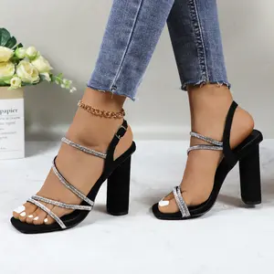 Women's High Heels Sandals Sparkly Glitter Rhinestone Strappy Girl Square Open Toe Comfortable Chunky Block Heel Footwear 4.33-inch Heeled Summer Casual Dress Shoes for Wedding Party Bridal DB