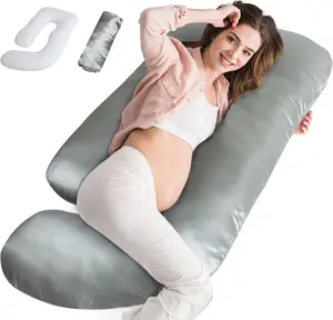 Cooling Satin Pregnancy Pillow with Removable Silky Luxurious Cover, 60 Inch Cozy J-Shape Full Body Maternity Pillows Nursing Pillow Gifts for Pregnant Women Side Sleepers Sleeping Abdominal Lumbar Neck Back Leg Support, Solid Grey #TiktokShopSpringGlowUp