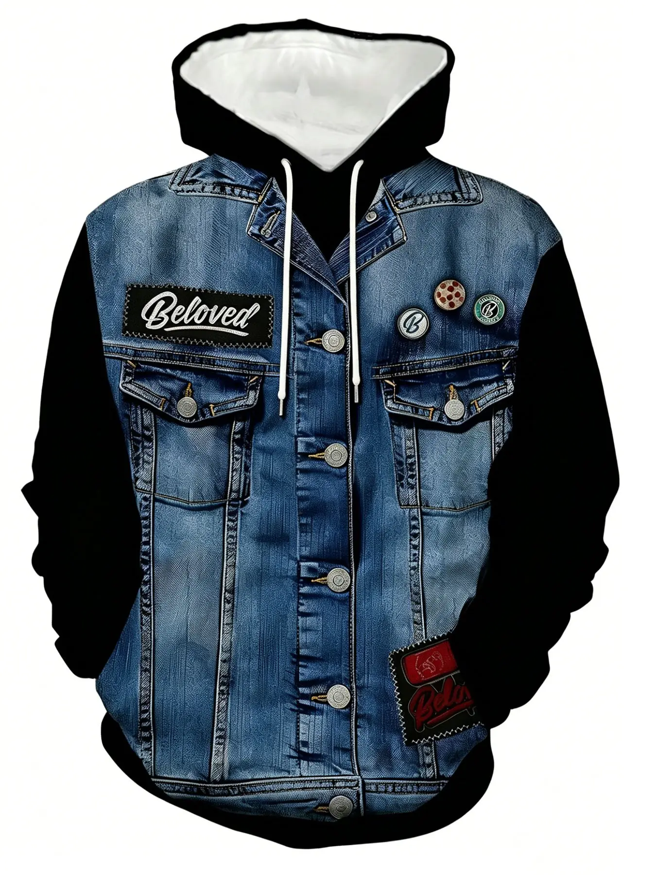 Denim-inspired spliced badge printed hoodie, Sporty Trendy Casual, Vintage and retro street style