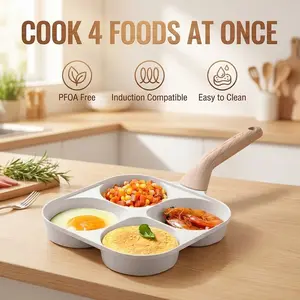 Quick Breakfast 4-Hole Non-Stick Skillet – Omelet, Pancake, Shrimp & Mini Burger Frying Pan with Wooden Handle
