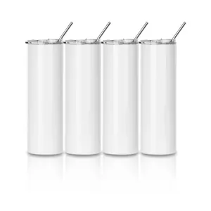 30 OZ Sublimation Skinny Straight Tumbler White With Metal Straw And Slide Lid 4 Pack