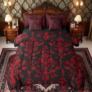 Feelyou 7-Piece Red Black Vintage Damask Floral Bed Comforter Set with Sheets, Oriental Antique Gothic Bohemia Decorative Bedding Set, Bed-in-A-Bag