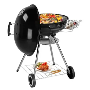 28-Inch Portable Charcoal Grill with Wheels and Storage Holder, Porcelain-Enameled Lid and Ash Catcher & Thermometer, Round Barbecue Kettle Grill Bowl Wheels for Outdoor Party Camping Picnic