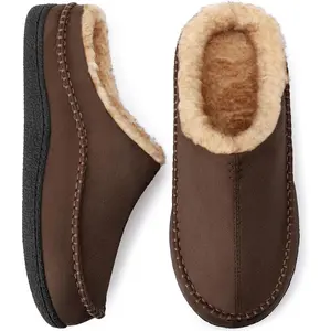 SHOESLOCKER Men's Stylish Slide House Slippers, Cozy Round Toe Microsuede Slip-On, Memory Foam Insole, Plush Fleece Lined, Flipflop-Inspired Design for Indoor Use, Brown Beige Footwear