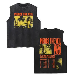 Pierce The Veil Band Unisex Vintage Washed Cotton Vest, Retro Band Print Sleeveless Shirt, Casual Regular Fit, Perfect Boyfriend Gift