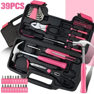 Pink 39-Piece Compartmentalized Hand Tool Kit, Complete Home Repair Set for Household Use, Compartmentalized Tool Kits