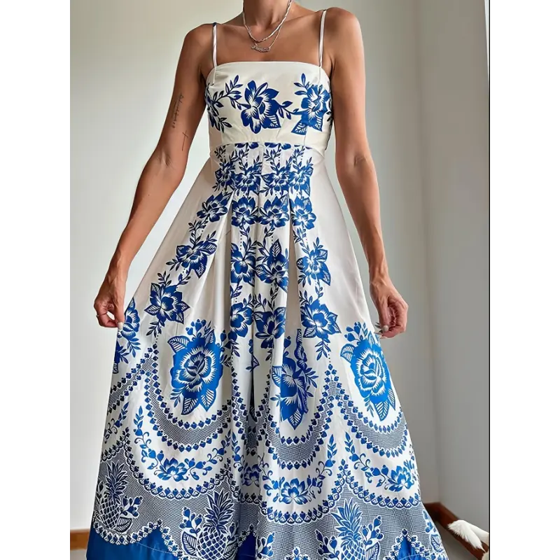 Women's clothing Elegant Blue & White Floral Print Strapless Ankle-Length Maxi Dress - Sleeveless Bodycon Pencil Skirt Silhouette, Flared Hem Summer for Beach Weddings Casual Outings, Fabric Fit Chic Polyester Womenswear Collar Comfort