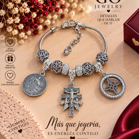 Triple protection bracelet, nudo de bruja, Cruz de Caravaca, medalla de San Benito, you can add charms