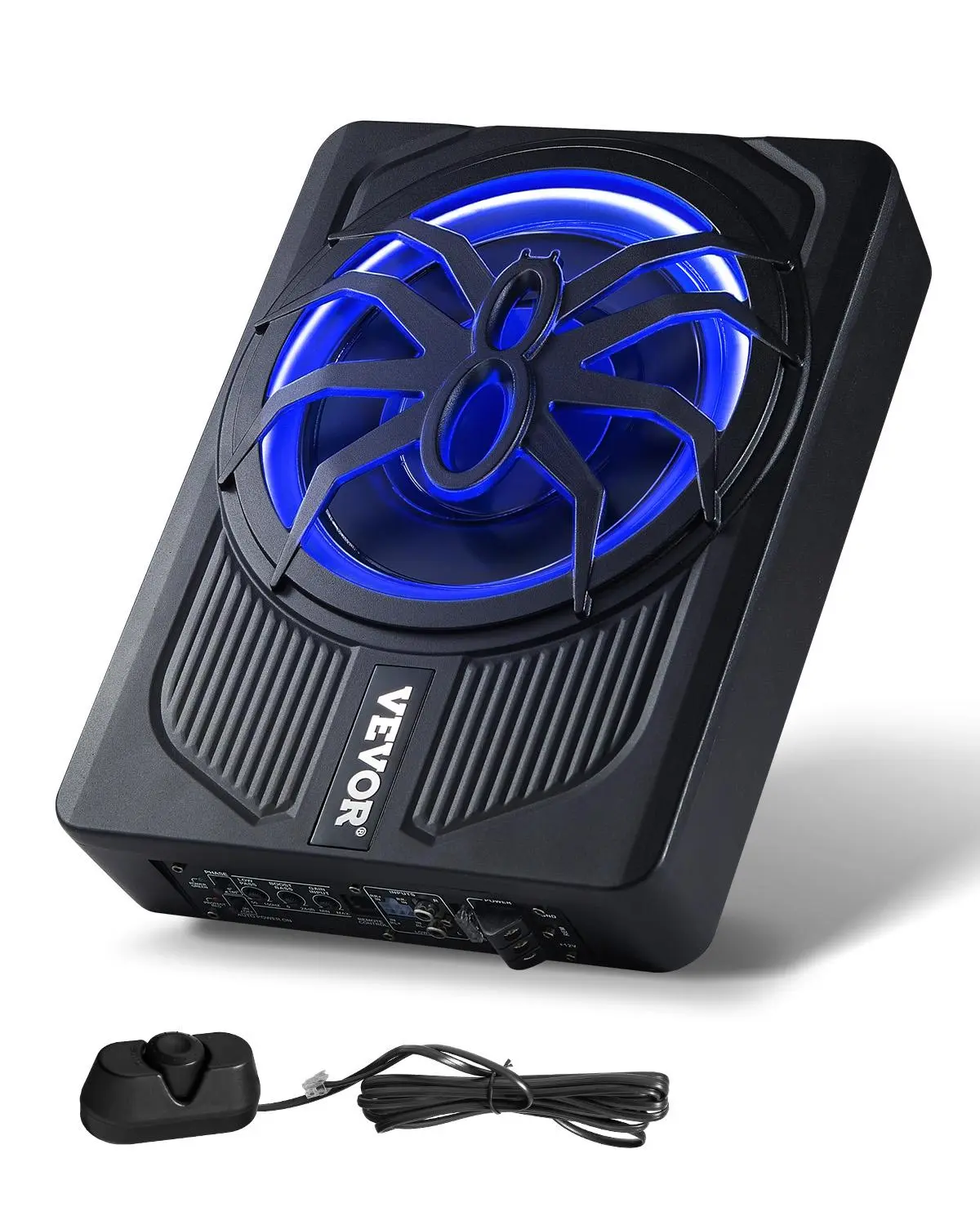 【toolupgrade】VEVOR 10-Inch 440W Slim Powered Underseat Car Subwoofer Speaker with Built-In Amplifier, Blue Ambient Light, Remote Controller, Deep Bass Boost for SUVs, Trucks, RVs, Car Accessories, Vehicle Accessory