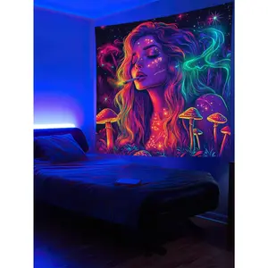 1pc Blacklight Tapestry UV Reactive Mushroom Charming Woman Tapestry Vibe Tapestry Aesthetic Wall Tapestry Wall Hanging For Bedroom